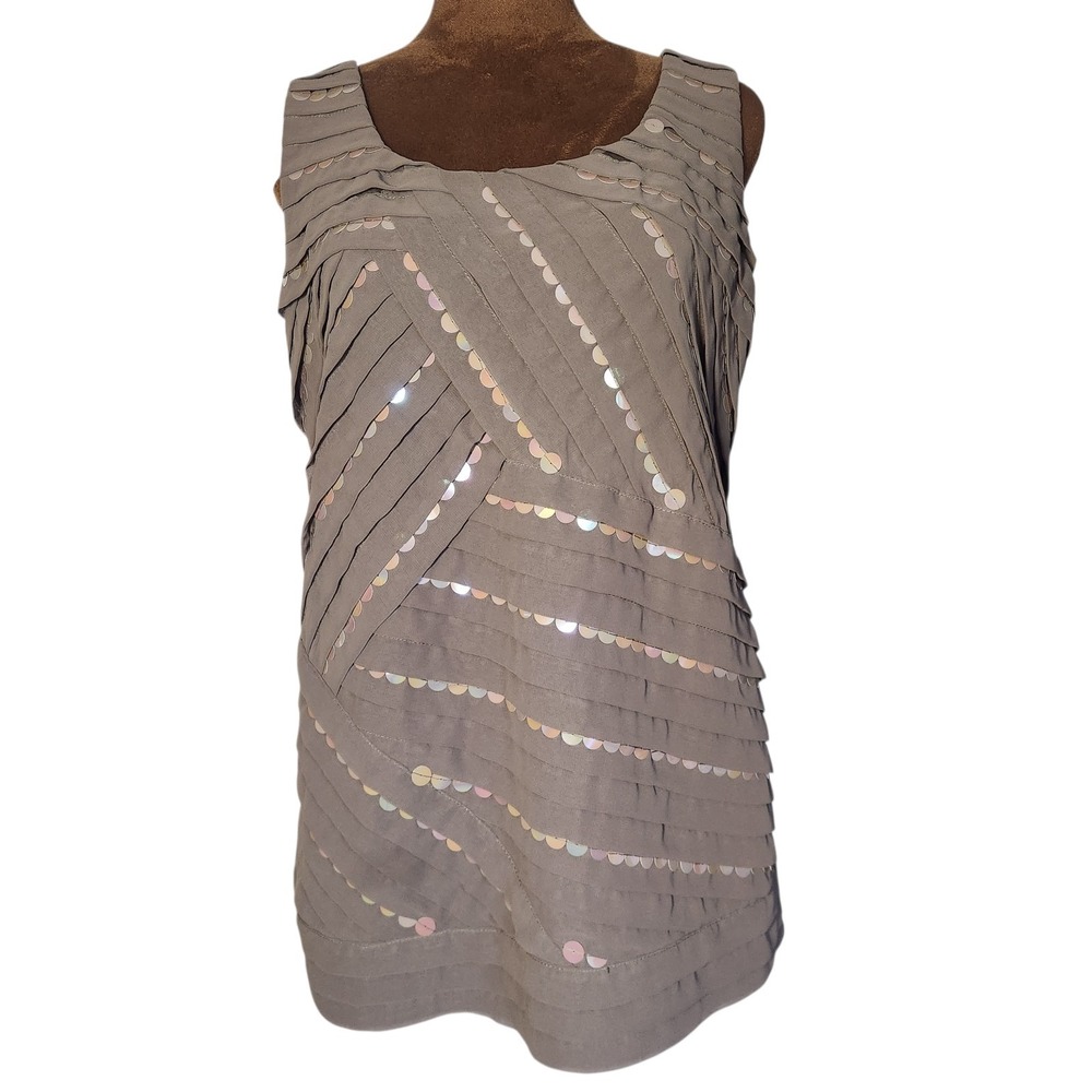 Ann Taylor Tank Top Pleated Y2K Sparkle Sequin Sparkle Size Medium Neutral‎